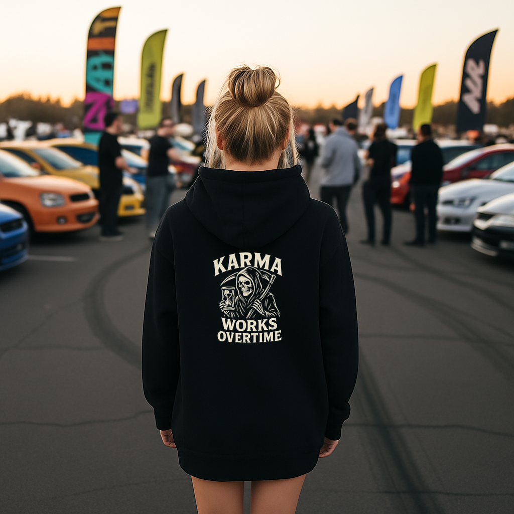 Karma Works Overtime | Trendy Oversized Hoodies | VSCO Hoodie | Motivation Hoodie | Aesthetic Hoodie | Words On Back Hoodie